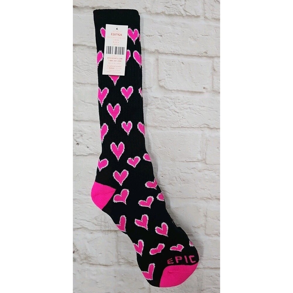 CREW SOCKS HEART PATTERN 3-COLOR BLACK & PINK HEARTS Size 10-12 (L)